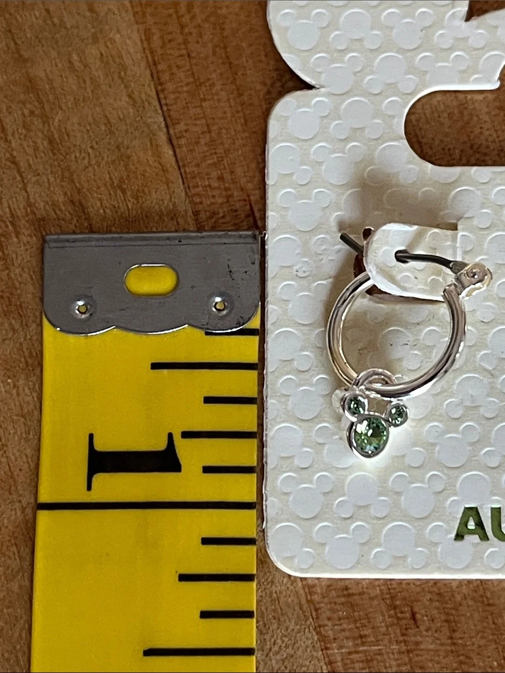 Disney Silver Tone Hoop Earrings with Green Crystal Mickey August Charm
